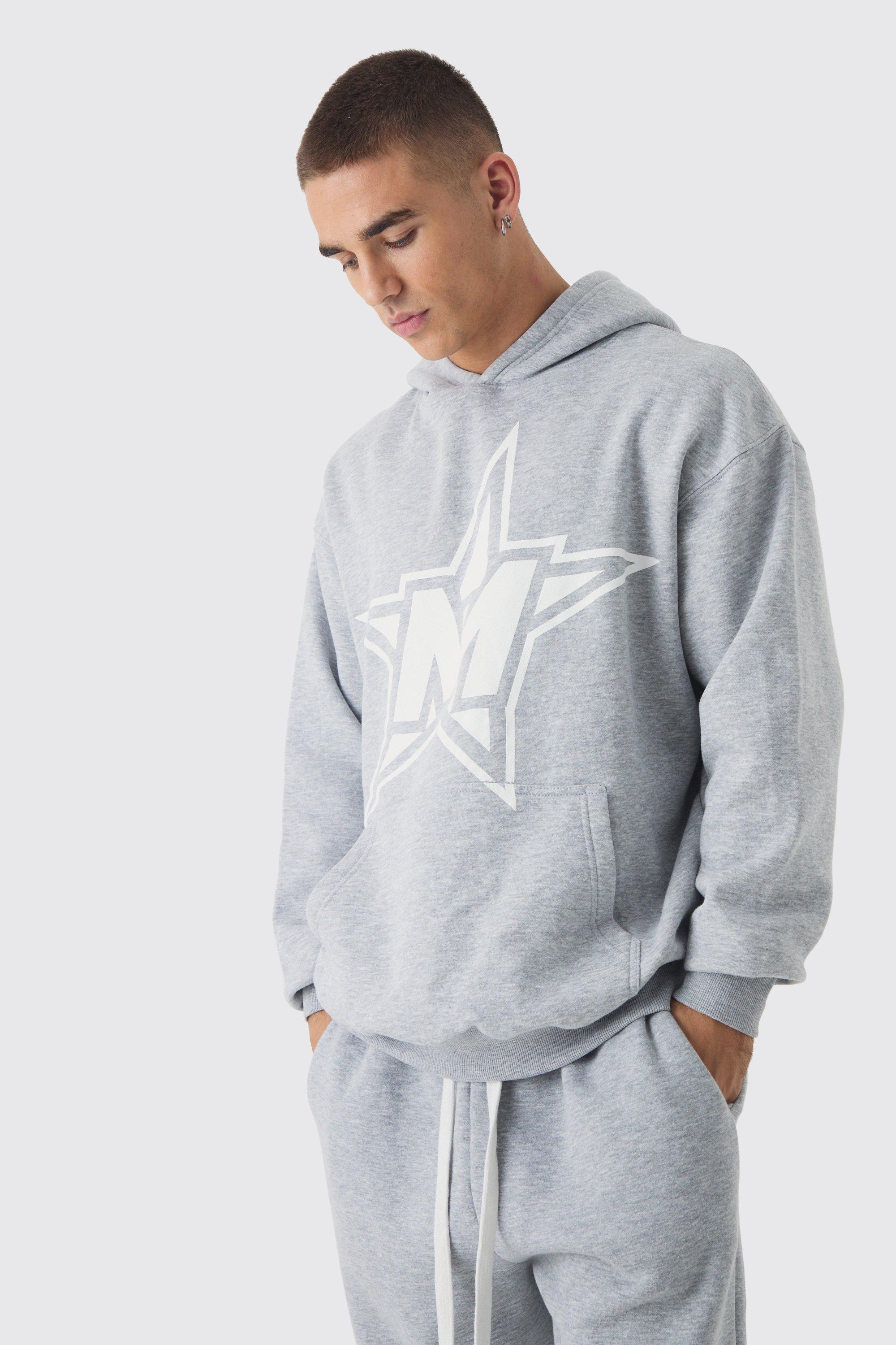 Mens Grey Oversized M Star Hoodie, Grey
